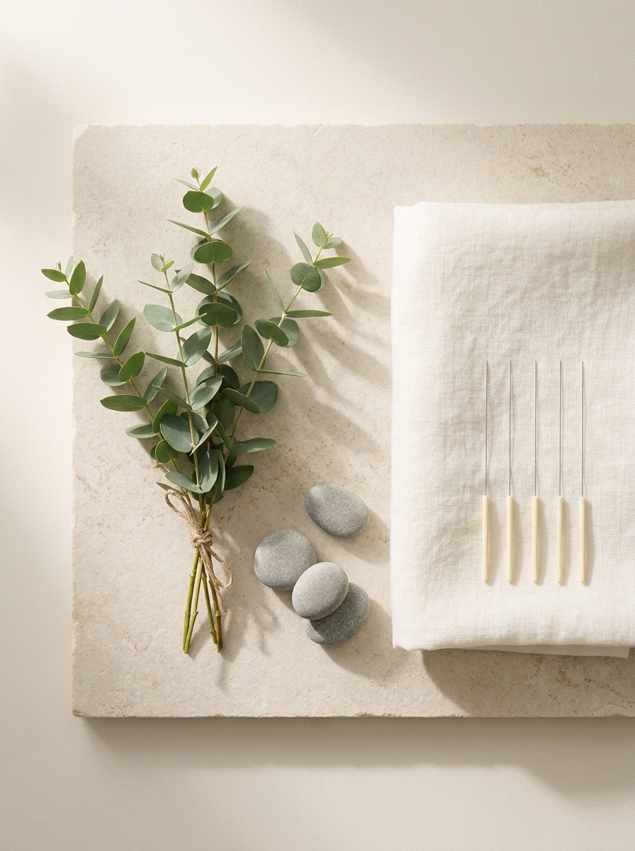 Eucalyptus, massage stones and acupuncture needles arranged on stone